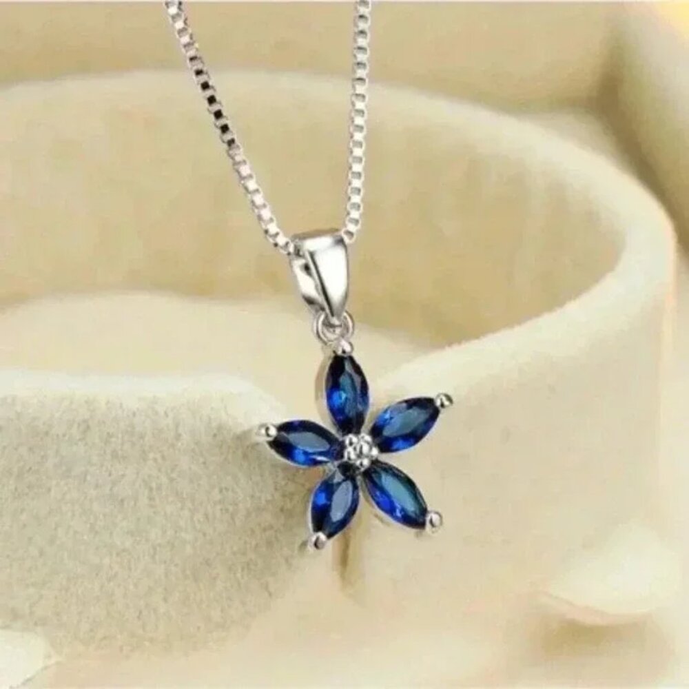 Sterling Silver 925 Blue Sapphire Flower Pendant Necklace - Picture 2 of 3
